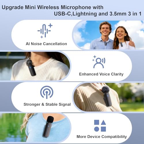 2-Pack Wireless Mini Lavalier Lapel Microphone for iPhone,Android Device(3 in 1) - 65ft Cordless Clip on Dual Mics with Noise Reduction 6H Working Time for Video Recording Vlogging, YouTube, Interview - Image 2