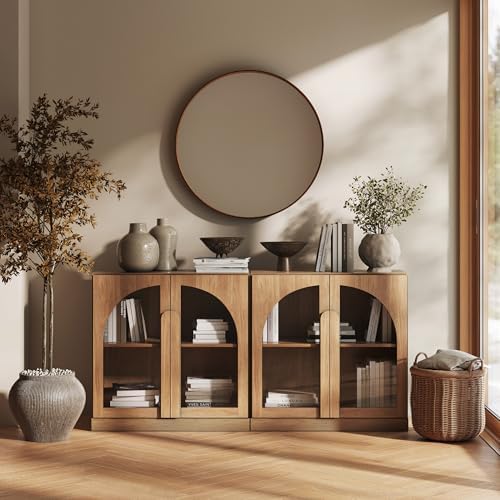 BELLEZE 2 Tier Bookshelf with Arched Glass Door, Set of 2 Modern Display Bookcase Shelf with Storage and Adjustable Shelves, 63" Wood Bookshelves for Living Room Office Entryway (Camel) - Image 6