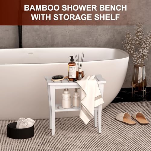Bamboo Shower Bench Stool with Storage Shelf, Waterproof Shower Chair Spa Bath Seat, Shower Stool for Inside, Bathroom Bench Seat for Adults Elderly Seniors for Indoor or Outdoor Use(White) - Image 2
