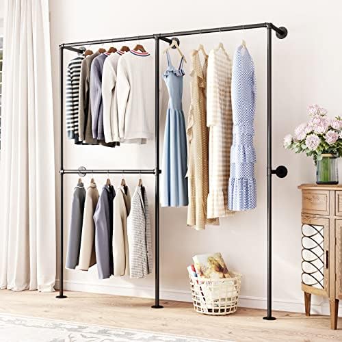 DR.IRON Industrial Pipe Clothing Racks with Double Bar, Industrial Black Clothes Racks Wall Mounted, Heavy Duty Closet Rods for Hanging Clothes Organizer Storage by DR.IRON