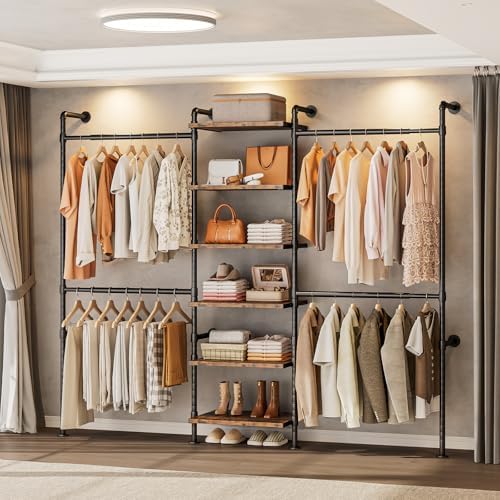 T1 Wall Mounted Closet System, Industrial Pipe Clothing Rack with 6 Wooden Shelves & 4 Telescopic Rods, Heavy Duty Closet Organizers and Storage in Wardrobe Closet (Rustic Brown) by ONBRILL