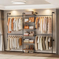T1 Wall Mounted Closet System, Industrial Pipe Clothing Rack with 6 Wooden Shelves & 4 Telescopic Rods, Heavy Duty Closet Organizers and Storage in Wardrobe Closet (Rustic Brown) by ONBRILL