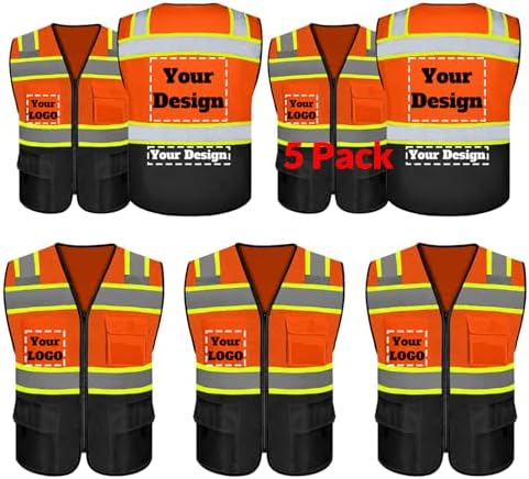 Safety Vest Customize Logo with 5 Pockets & Zipper Reflective High Visibility Vest Class 2 Outdoor Workwear by evershare