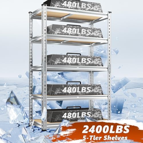 REIBII Garage Shelving, 5 Tier Storage Shelves Load 2400LBS, Adjustable Garage Shelving Heavy Duty, Metal Shelving Unit with Waterproof Columns, 35.5" W x 11.9" D x 72" H, Galvanized, 3 Pack - Image 4
