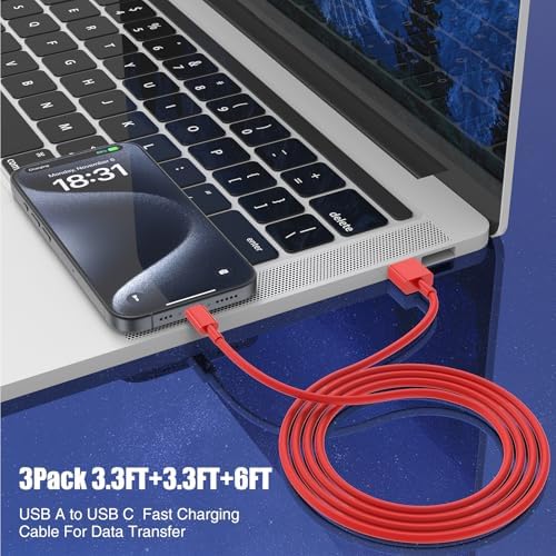 3-Pack Red [3.3FT+3.3FT+6FT] USB A to USB C Cable，USB to USB C Car Carplay Cable for iPhone 16 15 Pro Plus Pro Max，for iPad Pro/Air/Mini，for Samsung S24/S23/S22/S21，for MacBook Pro/Air and More - Image 4