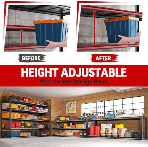 REIBII 78" H Storage Shelves, Garage Shelving Heavy Duty Load 3000LBS, Adjustable Garage Shelving, 5 Tier Metal Shelves Unit for Storage Rack, Basement, 55" W x 26" D x 78" H, Black, 4 Pack - Image 5