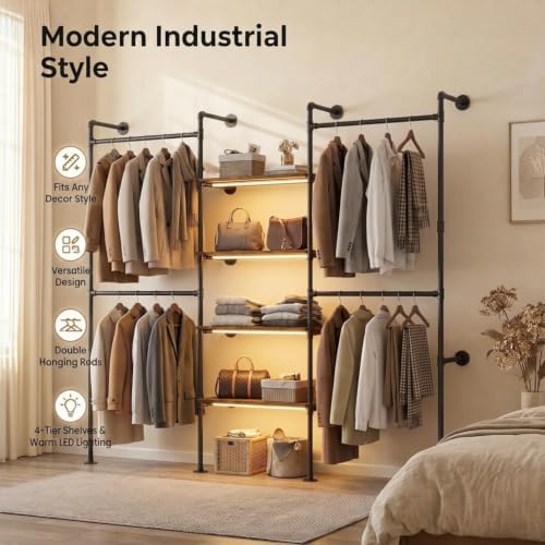Industrial Pipe Clothing Rack with LED Lights& Shelves,Black - Image 5