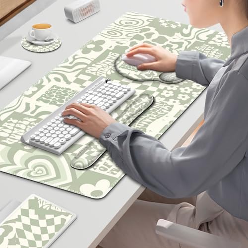 Large Desk Mat, Beige Gaming Mouse Pad, Desk Pad Protector, XXL Mousepad + Keyboard Wrist Rest+Mouse Wrist Rest+Coaster Set with Ergonomic Desk Pad for Home Office PC Computer, Retro Boho Aesthetic - Image 7