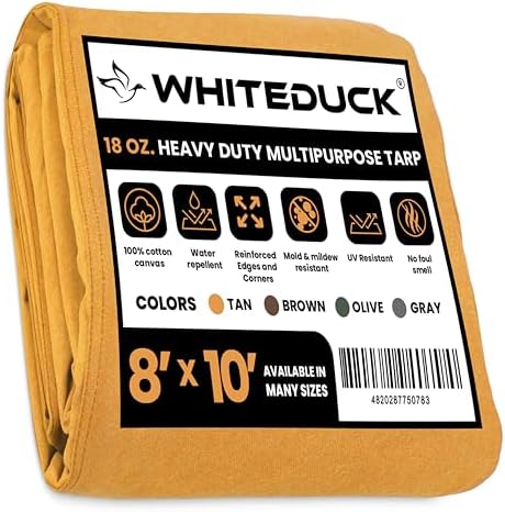 WHITEDUCK Canvas Tarp 18 oz. Heavy Duty Water Repellent UV Resistant, Rustproof Grommets, Industrial & Commercial Use Cloth Tarp (Cut Size: 8'x10', Finished Size: 7'6"x9'6", Tan) by WHITEDUCK