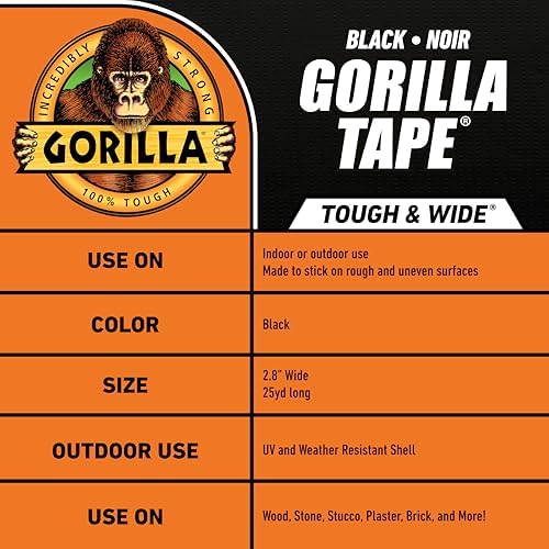 Gorilla Tape Tough & Wide,Black Tape,2.88" x 25 yd - Heavy Duty and Weather Resistant for Indoor or Outdoor,(Pack of 4) - Image 5