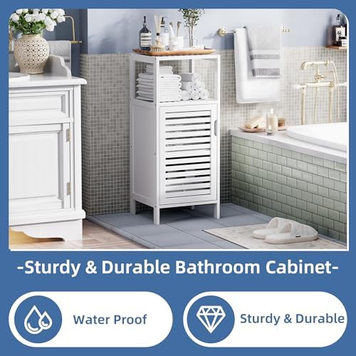 HITNET Bamboo Bathroom Storage Cabinet, 4 Tier Small White Floor Cabinet with Single Door, Free Standing Slim Narrow Storage Organizer for Living Room Entryway - Image 5