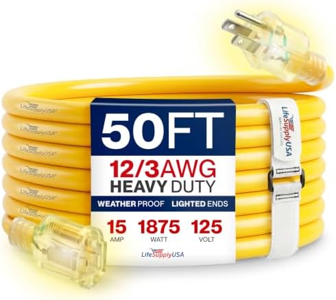 50ft Outdoor/Indoor Extension Cord 12/3 Gauge Extra Heavy Duty 3 Prong SJTW (5-15P/5-15R), Waterproof, Flexible Cold-Resistant Long Power Cord,15A 125V 1875W, Yellow by LifeSupplyUSA by LifeSupplyUSA