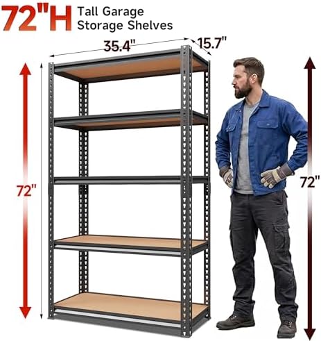 71.9" H Garage Shelves,Garage Storage Shelves Heavy Duty,Heavy Duty Garage Shelving,Adjustable 5 Tier Shelving for Garage Storage,Warehouse,71.9" Hx35.4 W x15.7 D - Image 3
