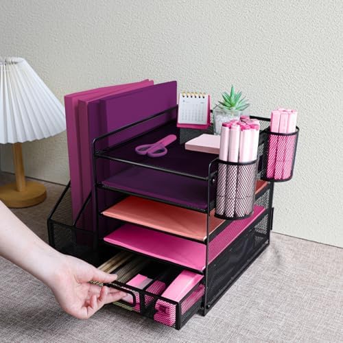 Desk Organizers and Accessories with File Holder, 5-Tier Paper Letter Tray Organiser with Drawer and 2 Pen Holder, Mesh Desktop Document Organizer for Office Supplies, Workspace - Black - Image 6