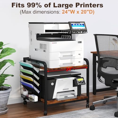 EasyCom 24"x20" Printer Stand with Storage, File Holder & Wheels, Brown - Image 2