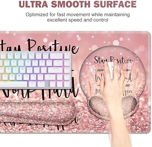 ToLuLu Desk Mat, XXL Large Mouse Pad Wrist Support Set，4 in1 Gaming Mousepad Desk Pad+ Ergonomic Mouse Pad with Wrist Rest + Keyboard Wrist Rest+Coaster for Women Home Office Table, Pink Stay Positive - Image 2