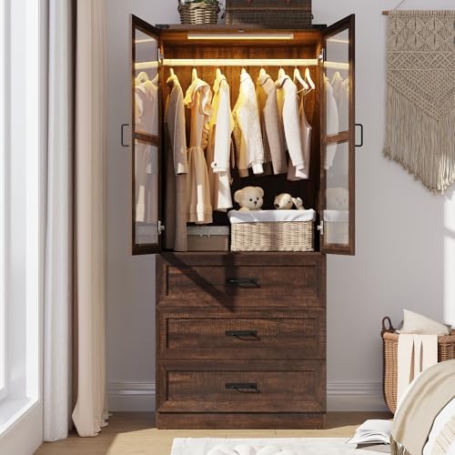 75" Tall Farmhouse 2 Doors Armoire Wardrobe Closet with 3 Drawers and LED,Freestanding Closet Wardrobe Cabinet for Bedroom with Hanging Rod,Wooden Armoire Storage Cabinet with Adjustable shelve(Brown) by Hlivelood