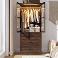 75" Tall Farmhouse 2 Doors Armoire Wardrobe Closet with 3 Drawers and LED,Freestanding Closet Wardrobe Cabinet for Bedroom with Hanging Rod,Wooden Armoire Storage Cabinet with Adjustable shelve(Brown) by Hlivelood