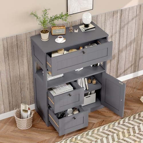 GRUSIGN Bathroom Cabinet, Modern Bathroom Floor Storage Cabinet Organizer with 1 Door and 3 Drawers, Freestanding Cupboard for Kitchen/Living Room Use - Image 4