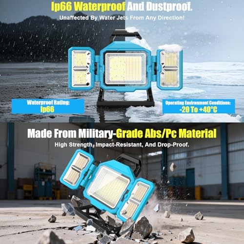 600W Solar 52000MAh Rechargeable Work Light, 52000 Lumen Foldable LED Work Lights with 3 Modes,Stand 360° Rotatable,IP66 Waterproof Portable Cordless Job Site Lighting for Construction Site, Workshop - Image 5