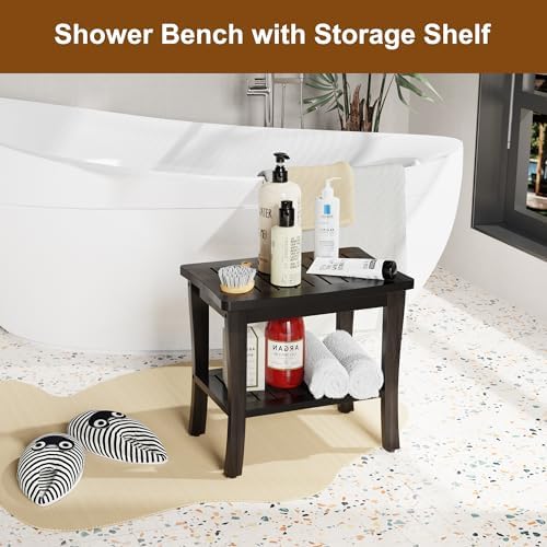 Extra Bamboo Black Shower Bench Stool Waterproof Shower Chair Spa Bath Seat Extra Big Best Hardwood Bathroom Gadgets Seat Father Day Dad Parents Stepdad Christmas Xmas Happy Birthday Gifts Ideal - Image 2