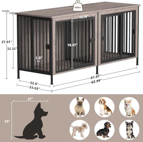 EasyCom 63" Dog Crate Furniture for 1 or 2 Dogs, 20-35 Pounds, Oak Grey - Image 5