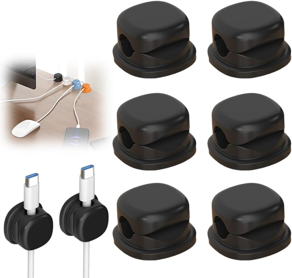6 Pack Cord Organizer Holder, 2026 New Adjustable Cable Organizer Clips, Adhesive Desk Cable Management, Charging Cable Storage Holder for Office, Home, Car, Desk, Nightstand (Black) by BYXIWA