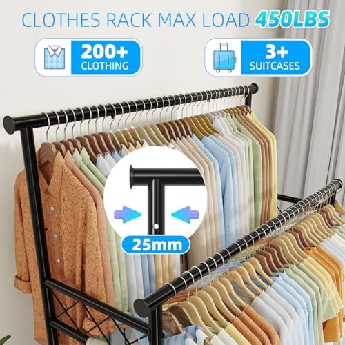 Ekisemio Heavy Duty Clothes Rack, Rolling Clothing Rack With Shelves Load 450 LBS, Double Rod Clothing Racks with Wheels for Hanging Clothes, Black - Image 4