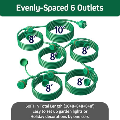 50FT Green Outdoor Extension Cord 6 Outlets Plugs with Waterproof Cover - Image 2
