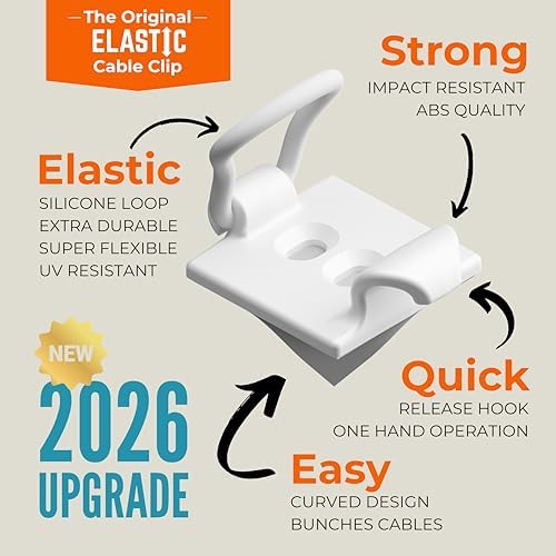[Made in the UK] 10-Pack Adjustable Elastic Adhesive Cable Clips, Wire Management Holder, Cord Organizer for Home Office, Under Desk, Behind TV, Phone Charger, Laptop, PC, HDMI, USB (White) - Image 2