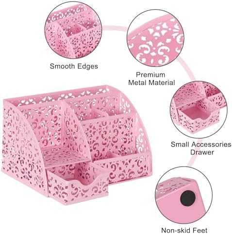 EasyPAG Desk Organizer and Pen Holder for Desk, Mesh Office Supplies Storage Caddy with Drawer for Small Space, Desktop Organizer for Home Office, Pink - Image 3