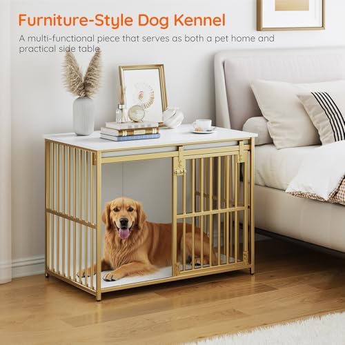 HOOBRO Dog Crate Furniture, 36.6" Heavy Duty Dog Kennel with Sliding Barn Door, Wooden Dog Cage Indoor, Decorative Side End Table for Small/Medium Dogs, White and Gold GD162GW03G1 - Image 5