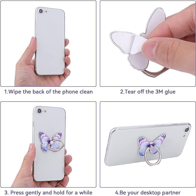 3 Pcs Butterfly Cell Phone Ring Stand Holder, Cute Butterfly Design Finger 360° Rotating Metal Hand Phone Stand Holder, with Adjustable Knob Loop (threePurple) - Image 3