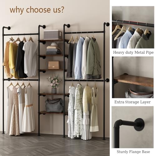Industrial Pipe Clothing Racks with 5 Shelves, Wall Mounted Clothes Rack for Hanging Clothes, Black Wall Clothing Rack, Heavy Duty Clothes Rack for Walk in Closet, Laundry Room - Image 3