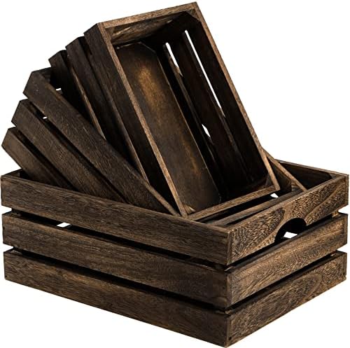 ZOOFOX Set of 3 Nesting Wooden Crates, Rustic Wood Basket with Handles, Decorative Farmhouse Wooden Storage Container Boxes for Party, Office, Bedroom, Kitchen and Closet by zoofox
