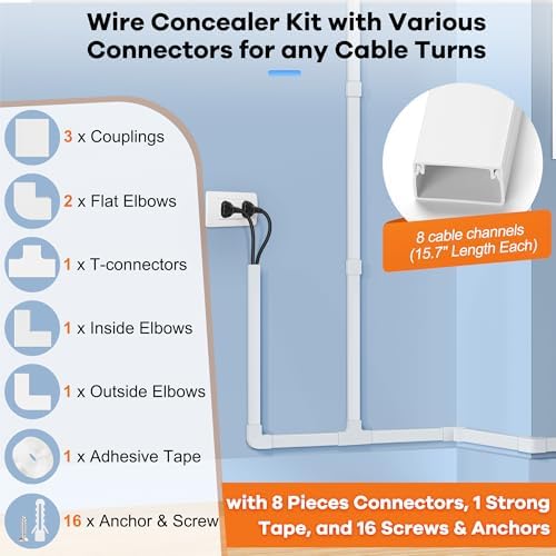 126in Cord Hider Kit, ZhiYo Wire Hiders for TV on Wall, Paintable Cable Management Kit, Wire Cover for Wall Mount TV, White Cable Raceway, Cord Cover Wire Management Kit, 8 x L15.7in W1.18in H0.67in - Image 3