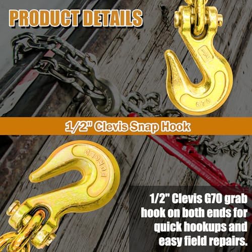 G80 Transport Binder Chain 1/2 Inch x 10 Foot | Tow Chain with Clevis Grab Hooks | 12,000 lbs Safe Working Load | Heavy Duty Chain for Transporting Towing - Image 5