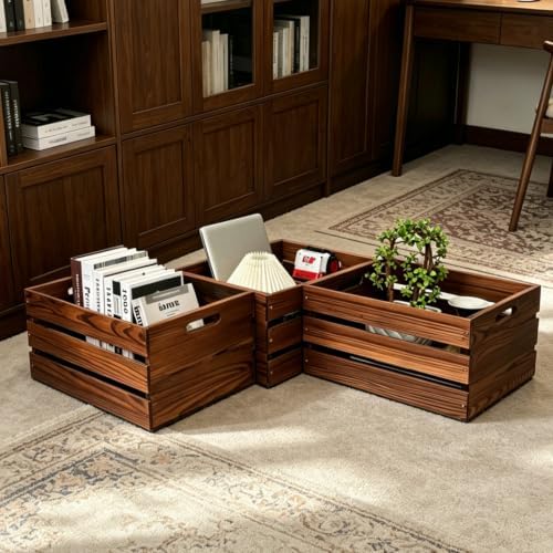 Set of 3 Rustic Wooden Crates with Handles, Dark Brown Wood Storage Crates - Image 3