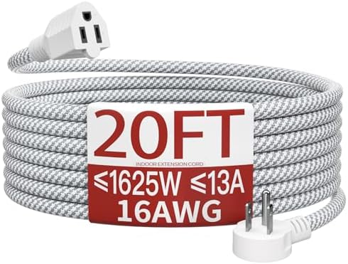 Skrizcable 16/3 20FT Flat Plug Braided Extension Cord, 3 Prong Power Cable by Skrizcable