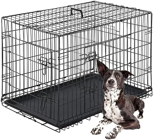 FDW Dog Crate for Large Dogs 42 Inch Folding Metal WirePet Cage Double Door W/Divider Panel Indoor Outdoor Kennel Leak-Proof Plastic Tray,Black by FDW
