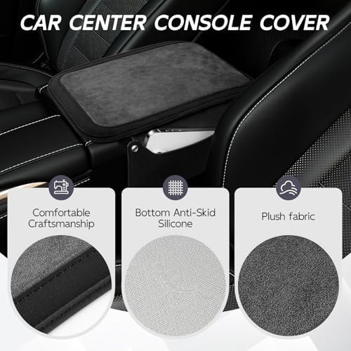 SINGARO Center Console Cover with 2 Side Pockets, Plush-Lined Faux Suede Car Armrest Pad, Universal Fit for Most Vehicles, Car Interior Accessories (Black) - Image 3