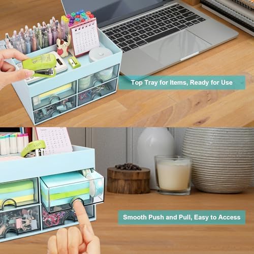 Meiikun Desk Organizer, Office Organizer with Drawer, Desk Accessories & Workspace Organizers, Pen Holder Office Supplies for Desk (4 Drawers+4 Compartments, Blue) - Image 6