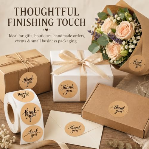500 Thank You Stickers Roll, 1.5" Round Kraft Paper Labels, Black Script - Image 6