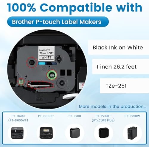 6X Replace for Brother P-Touch Label Tape 24mm .94 Laminated White TZe-251 - Image 2