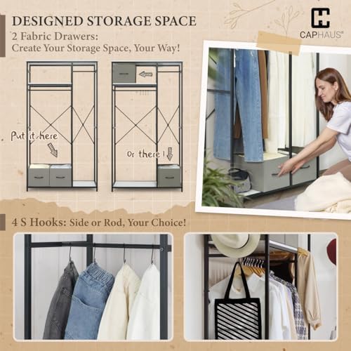 CAPHAUS 550lbs Capacity Garment Rack for Hanging Clothes, Heavy Duty Metal Open Wardrobe w/Hanging Rods & Drawers, Free Standing Closet Organizer, Metal Closet w/Wooden Boards, Black Vintage Board - Image 5