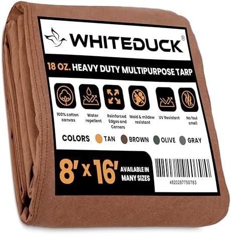 WHITEDUCK Canvas Tarp 18 oz. Heavy Duty Water Repellent UV Resistant, Rustproof Grommets, Industrial & Commercial Use Cloth Tarp (Cut Size: 8'x16', Finished Size: 7'6" x15'6", Brown) by WHITEDUCK