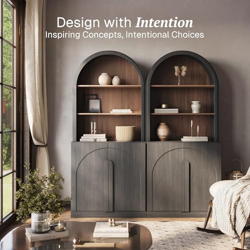 BELLEZE Arched Bookshelf with Storage Set of 2, 71" Tall Wood Curio Display Cabinet with Adjustable Shelf, 5 Tier Modern Bookcase Shelf with Door for Living Room Office, Ebony - Image 3