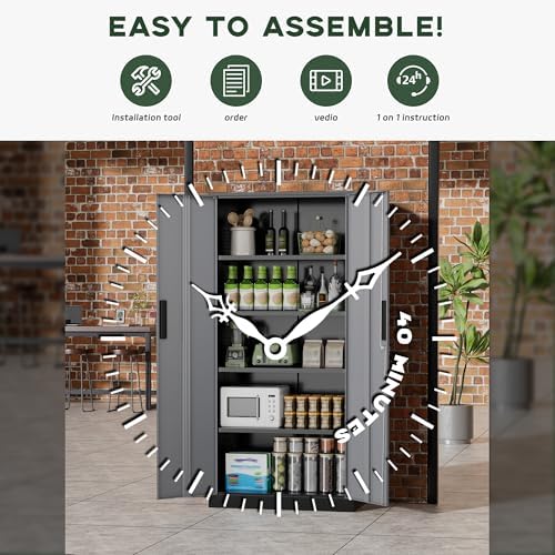 Greenvelly Metal Garage Storage Cabinet, 72" Black Gray Tool Steel Locking Cabinet with Doors and 4 Shelves, Tall Cabinets for Garage Storage Systems Lockable File Cabinet for Home Office,Garage - Image 5