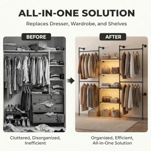 Industrial Pipe Clothing Rack with LED Lights& Shelves,Black - Image 6