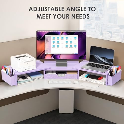 OPNICE Desk Organizers and Accessories, Dual Monitor Stand Riser with Drawer and 2 Pen Holders, Desk Shelf Computer Racks for Office Workspace Organizers, Desktop Organization (Purple) - Image 6